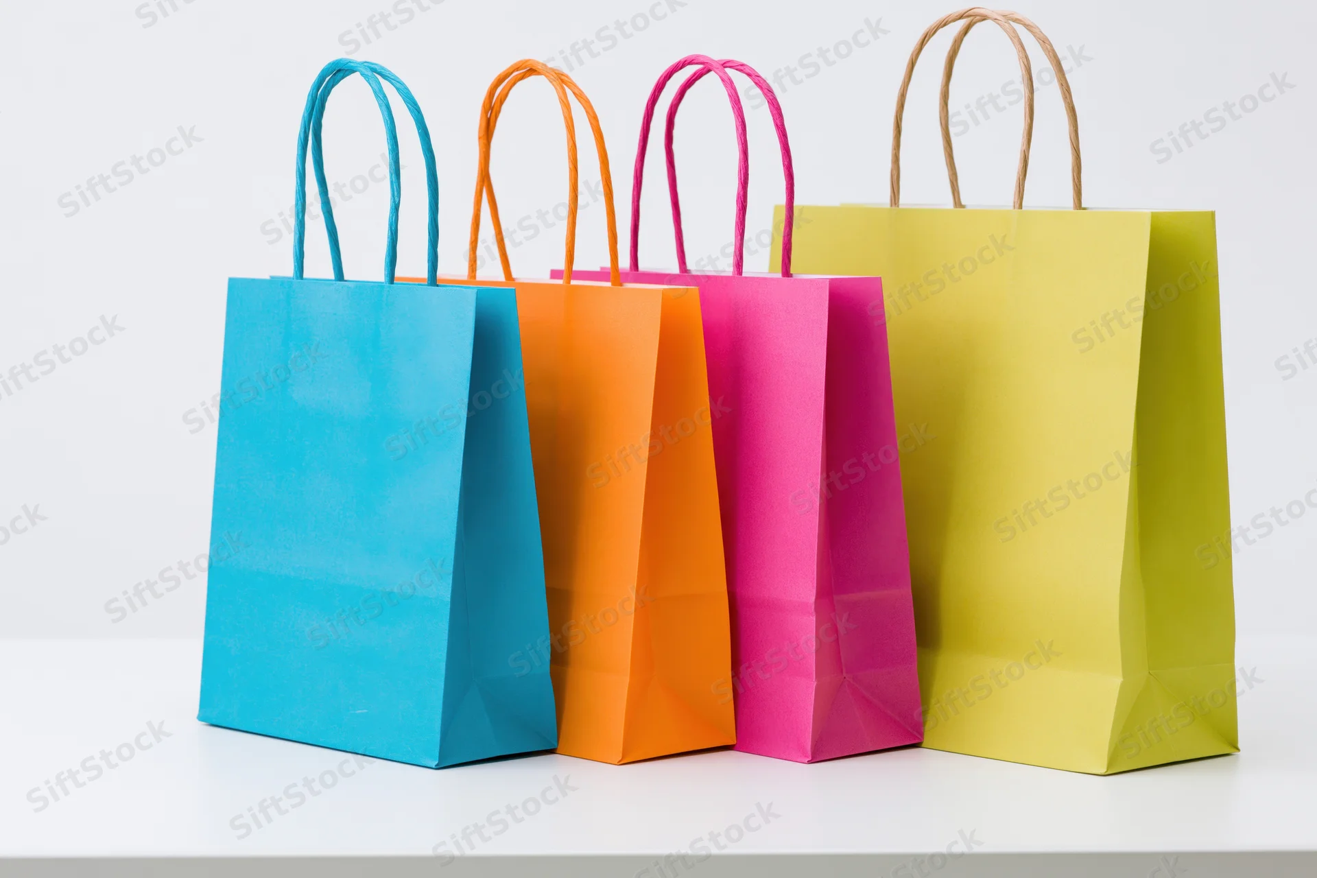 Four colorful paper shopping bags arranged in a row on a white surface