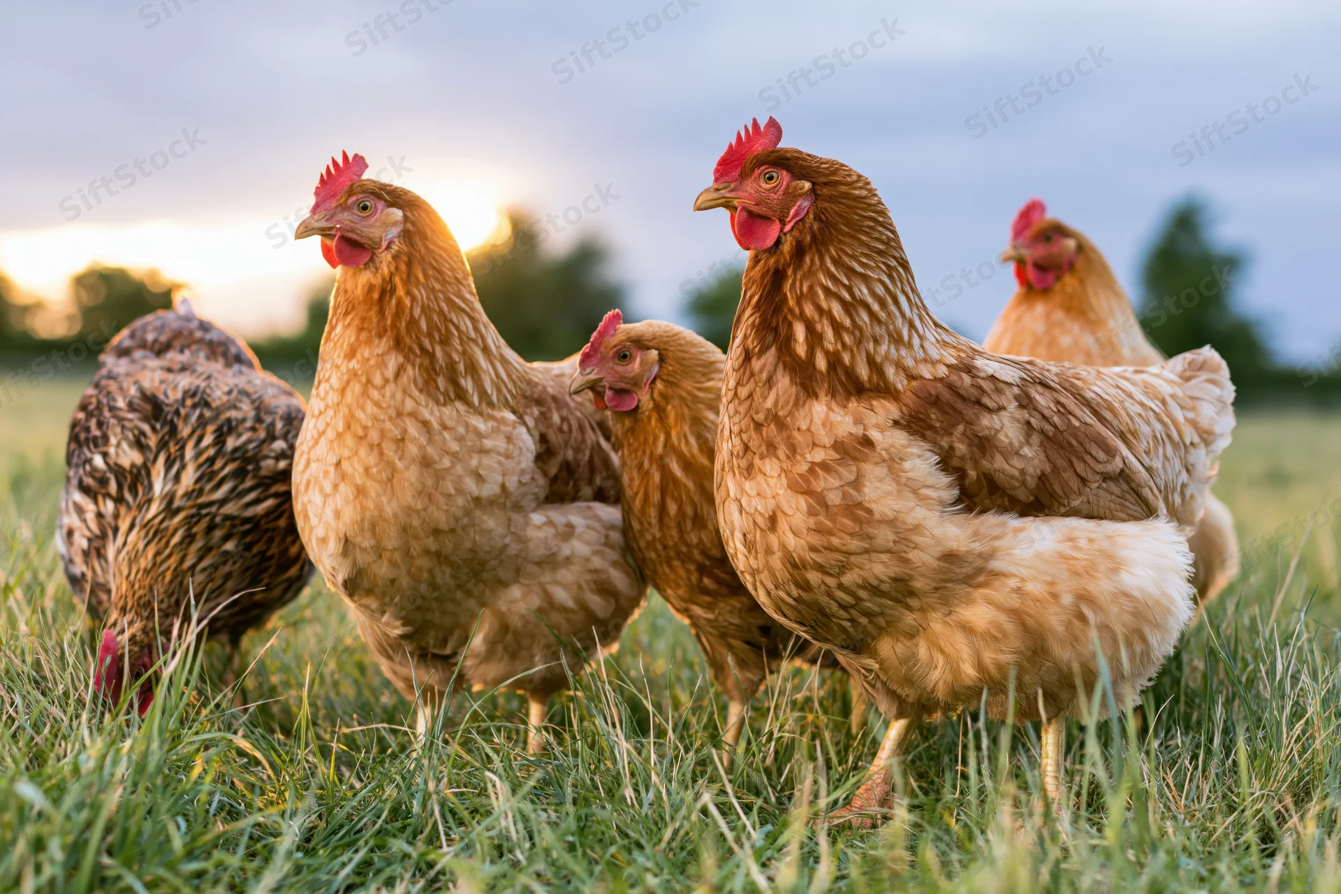 Free-range hens foraging in tall green grass at sunset