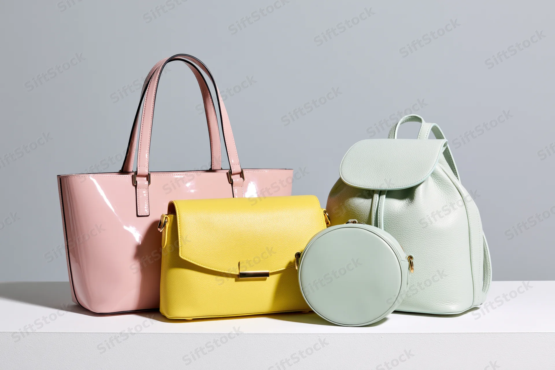 Four women's handbags in pastel colors arranged on a white surface in a studio setting