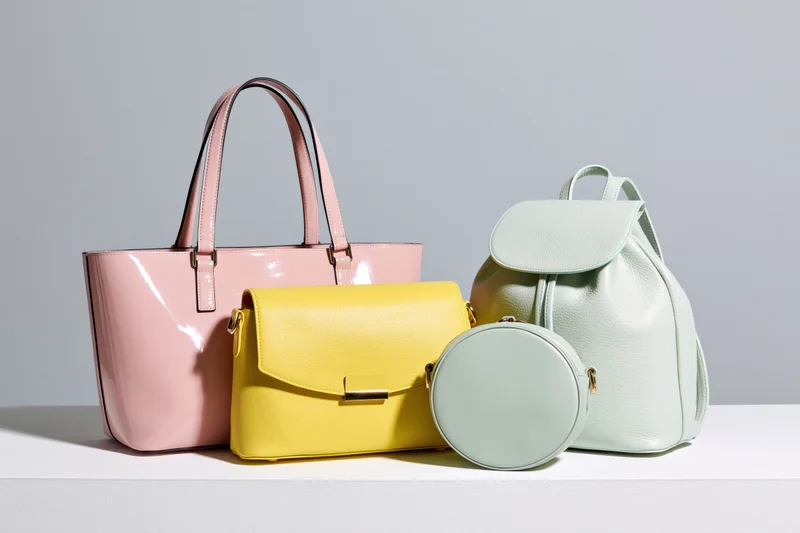 Four women's handbags in pastel colors arranged on a white surface in a studio setting