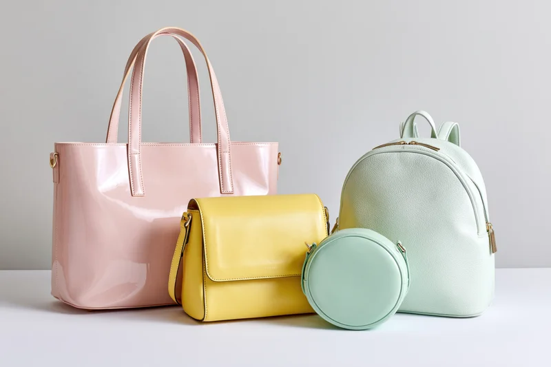 Four women's handbags in pastel colors arranged on a white surface in a studio setting