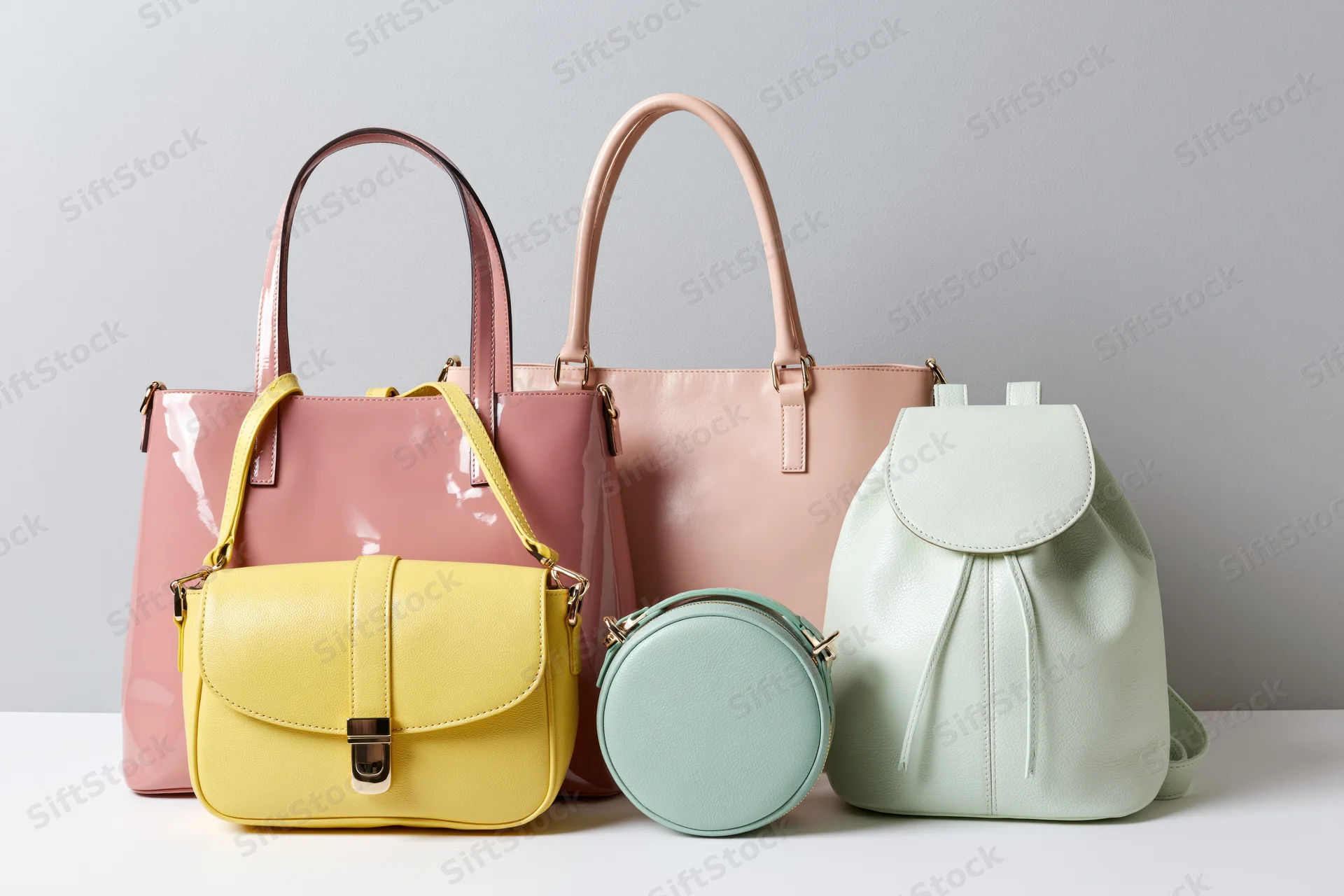 Four women's handbags in pastel colors arranged on a white surface
