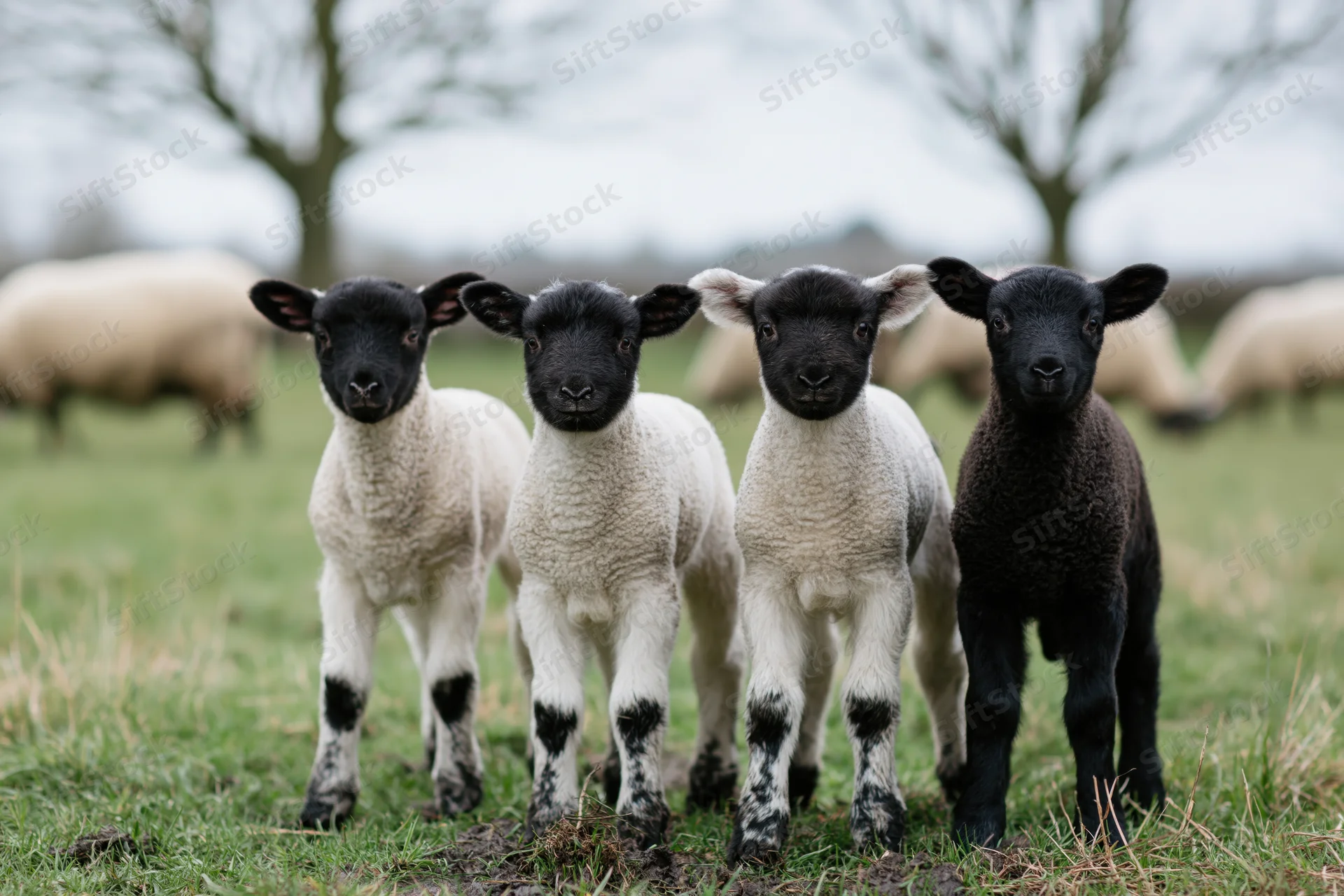 Four young lambs standing in a grassy pasture field, three white and one black, facing forward