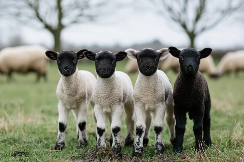 Four young lambs standing in a grassy pasture field, three white and one black, facing forward