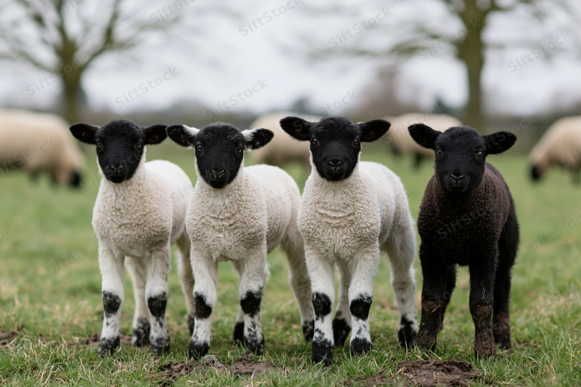 Four young lambs standing in a grassy pasture field, three white and one black, facing forward