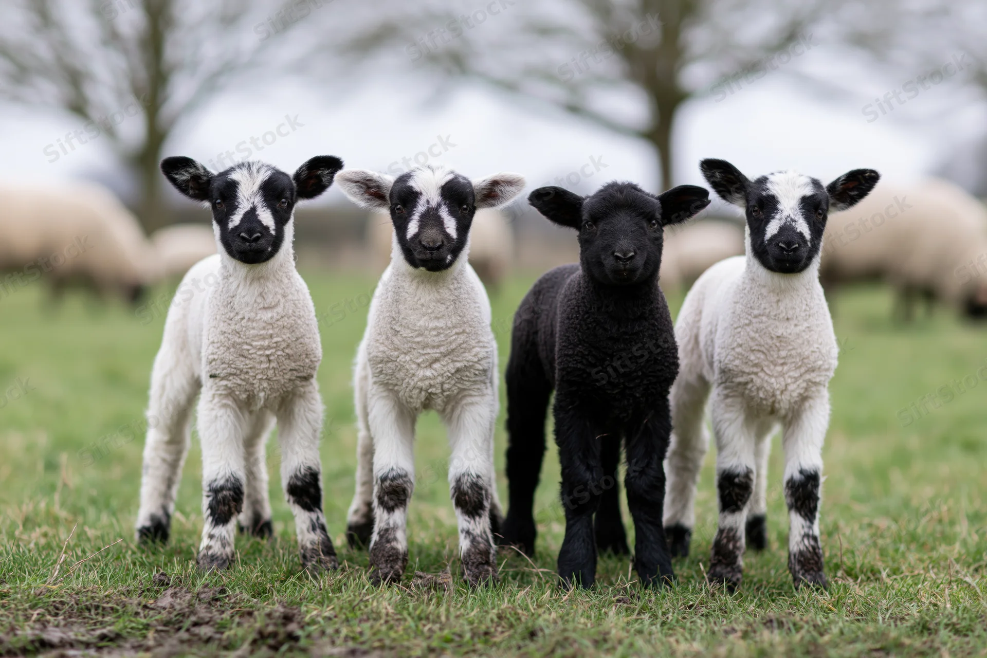 Four young lambs standing in a grassy pasture field, three white and one black, facing forward