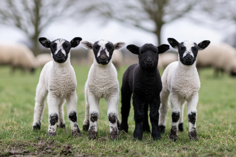 Four young lambs standing in a grassy pasture field, three white and one black, facing forward