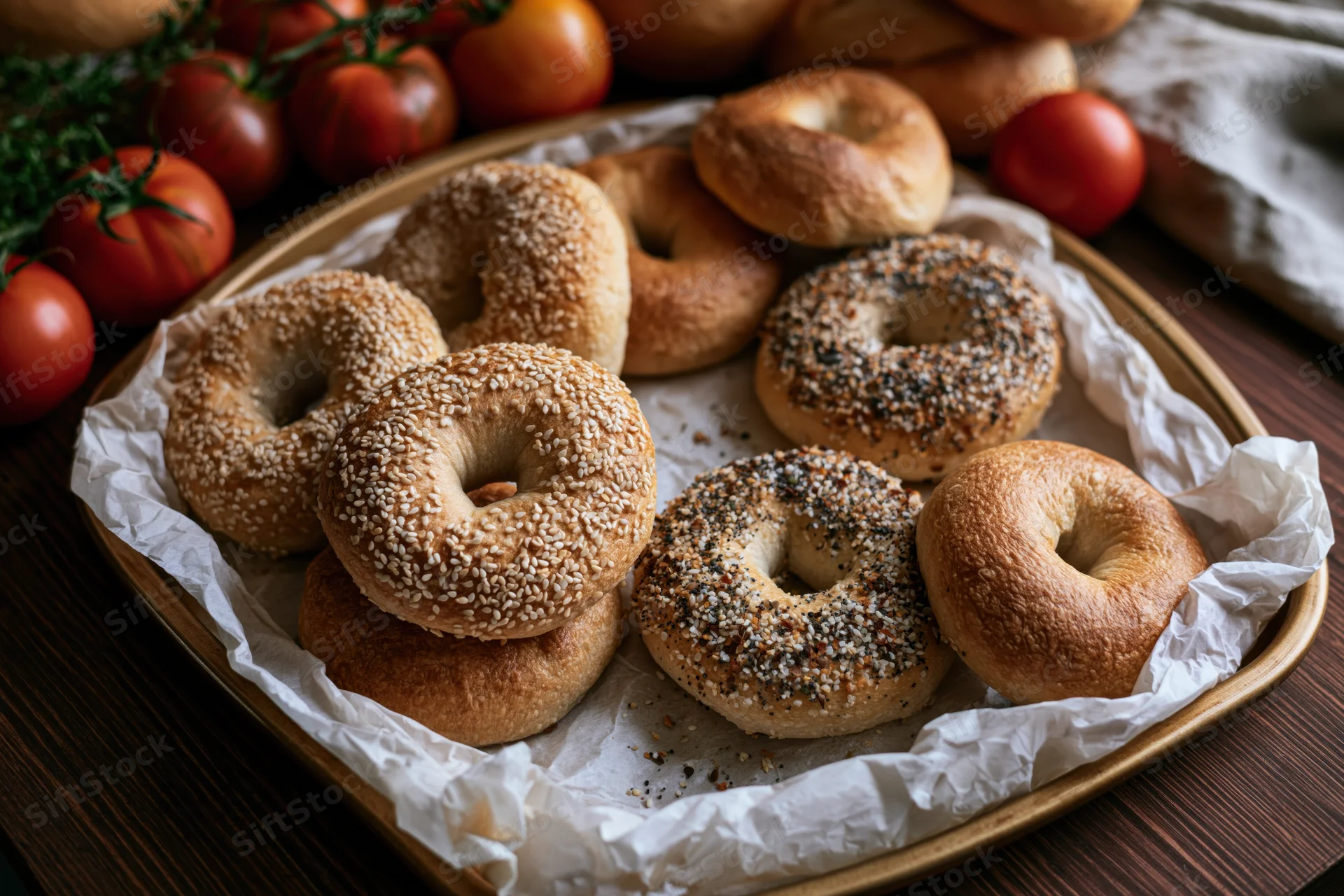 Freshly baked sesame and everything bagels arranged on a parchment-lined tray with tomatoes on a wooden table
