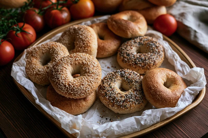 Freshly baked sesame and everything bagels arranged on a parchment-lined tray with tomatoes on a wooden table