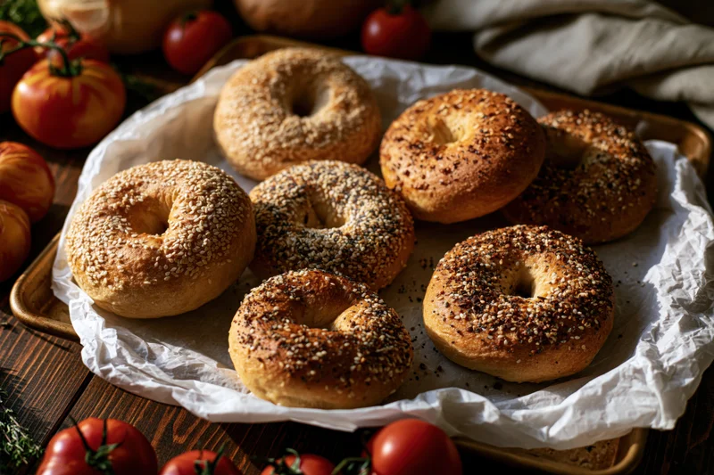 Freshly baked sesame and everything bagels arranged on parchment paper on a wooden tray surrounded by tomatoes