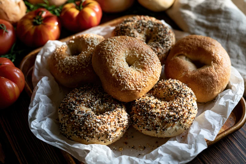 Freshly baked sesame and everything bagels arranged on a wooden tray with parchment paper and tomatoes nearby