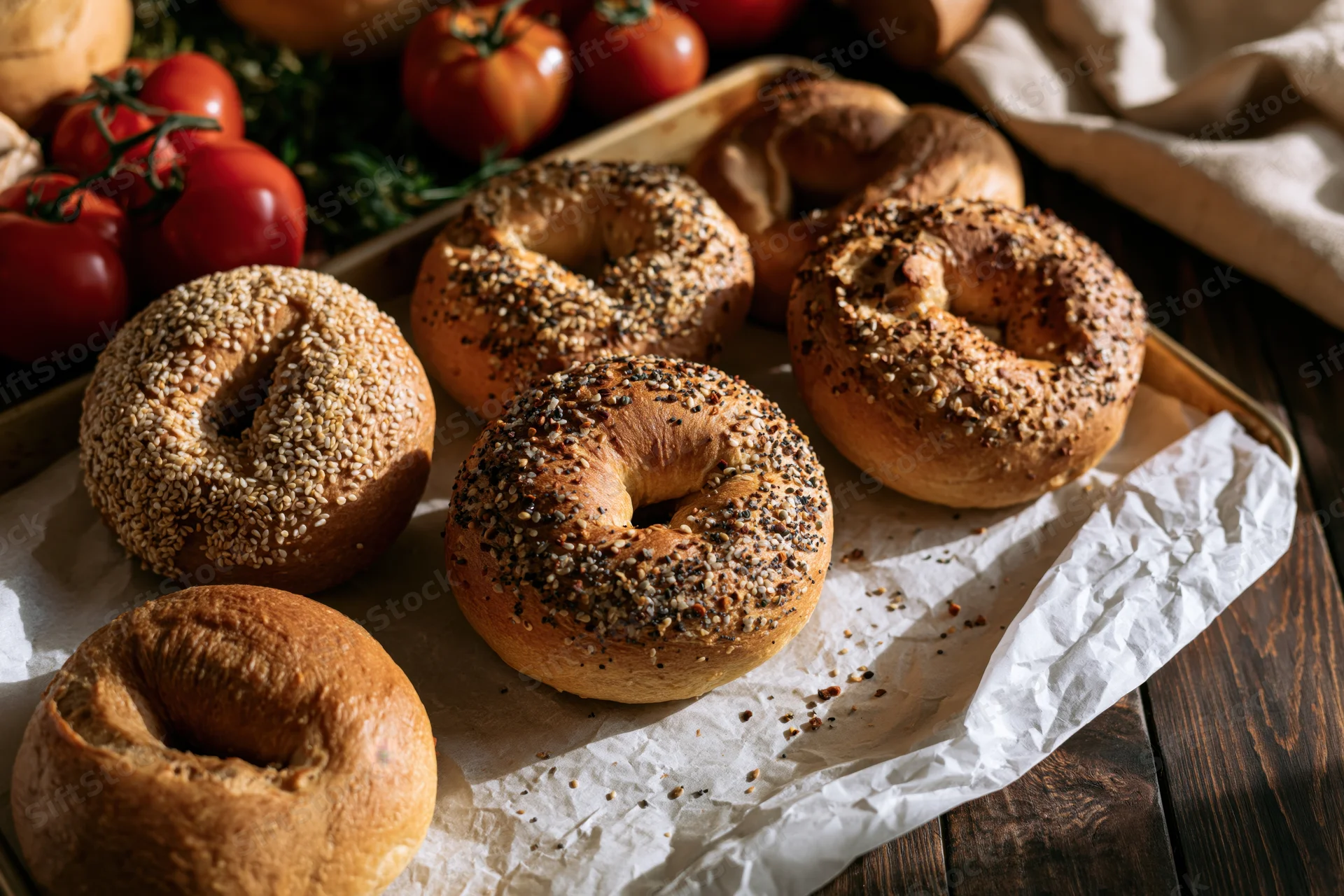 Freshly baked sesame and everything bagels arranged on parchment paper on a wooden table with tomatoes in the background