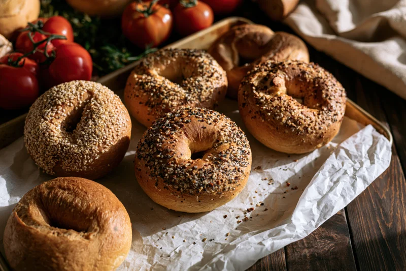 Freshly baked sesame and everything bagels arranged on parchment paper on a wooden table with tomatoes in the background