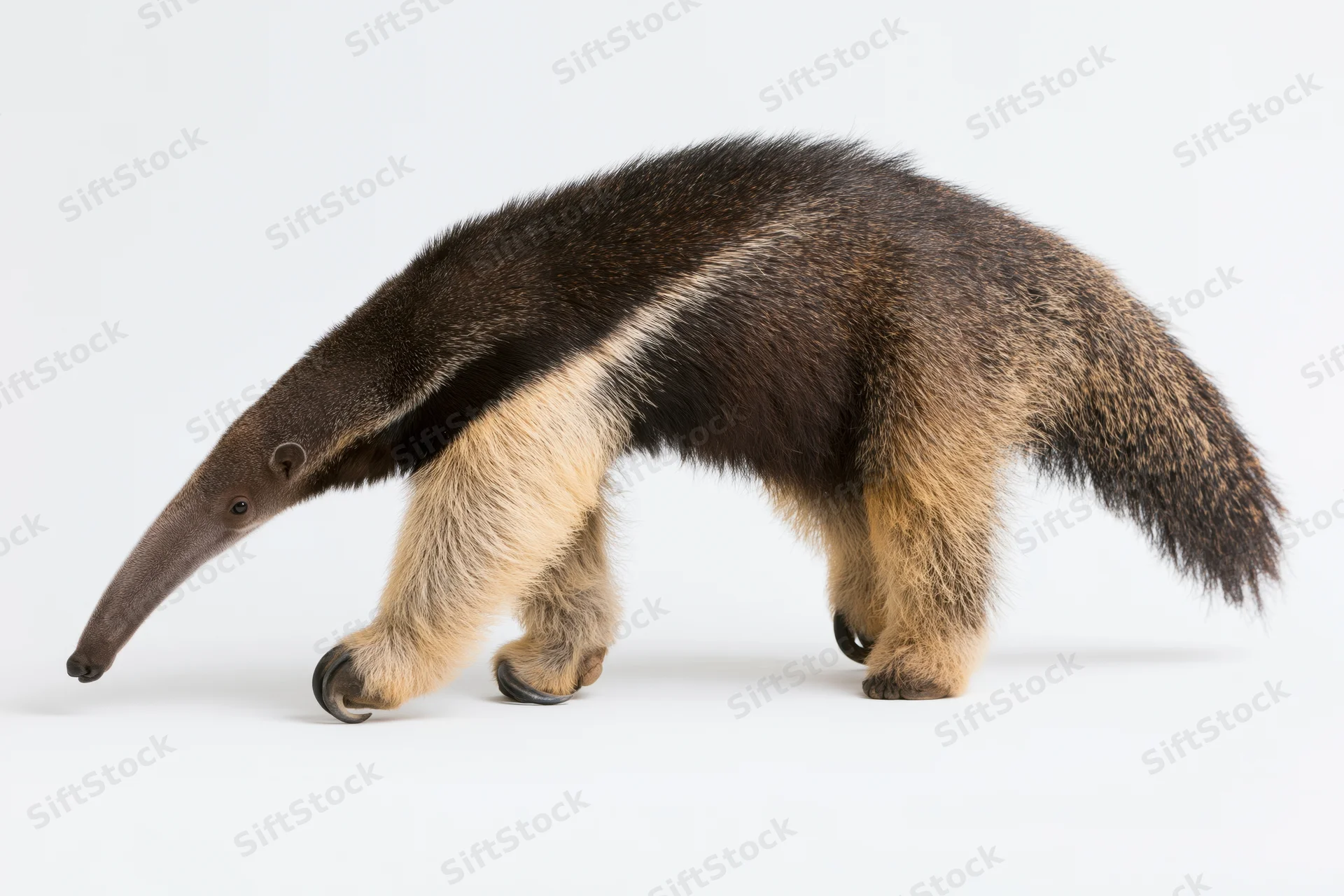 Giant anteater walking in profile view full body on white background