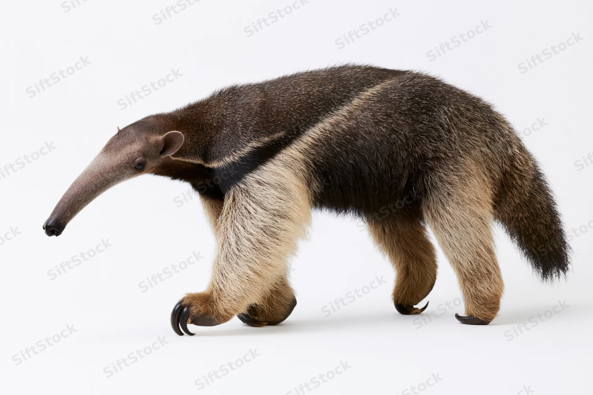 Giant anteater walking in profile view full body visible on white background