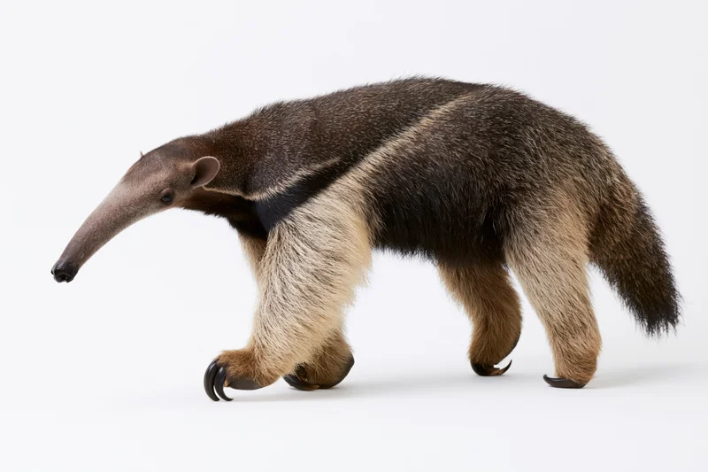 Giant anteater walking in profile view full body visible on white background