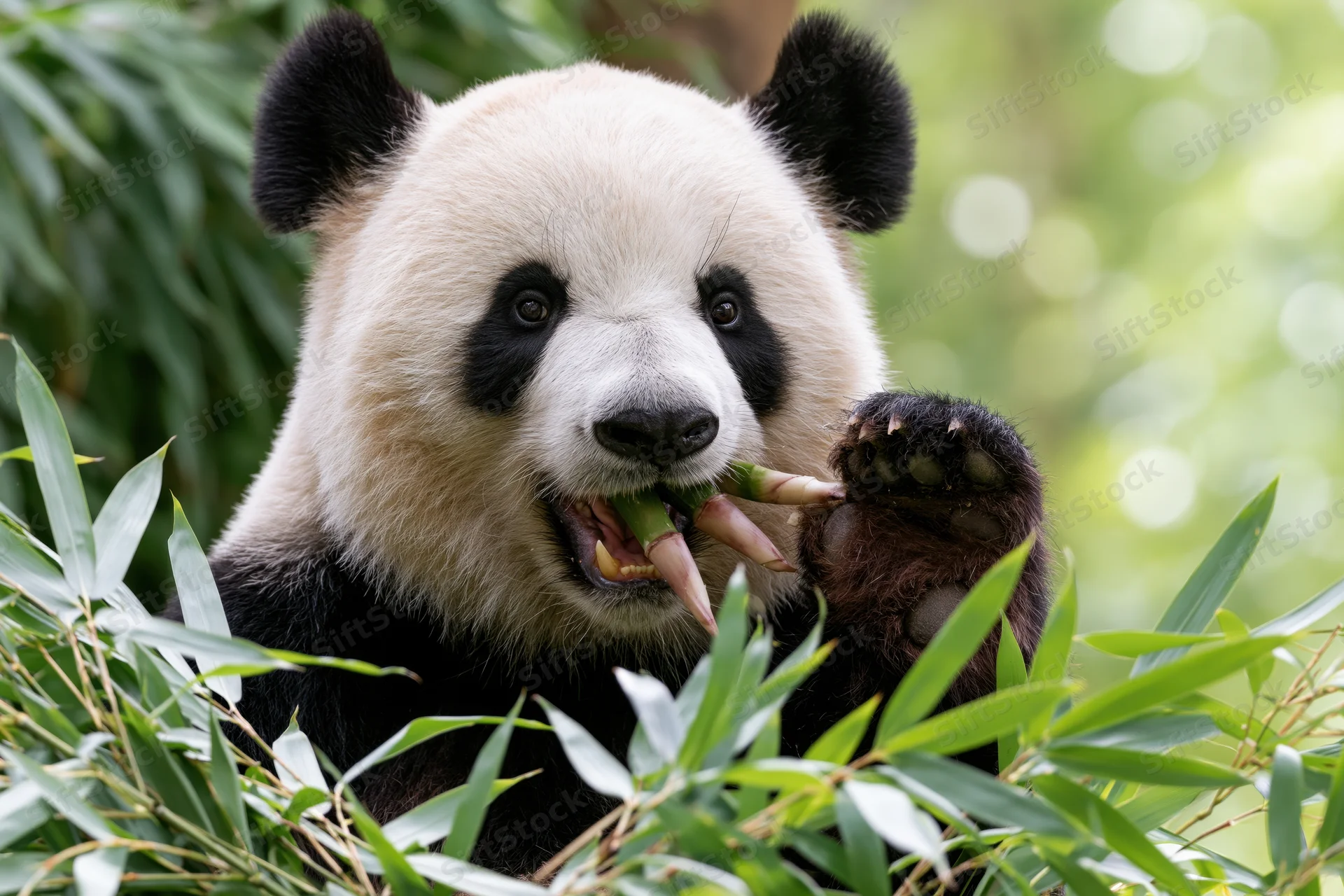 Giant panda chewing bamboo shoots with one paw raised among green foliage