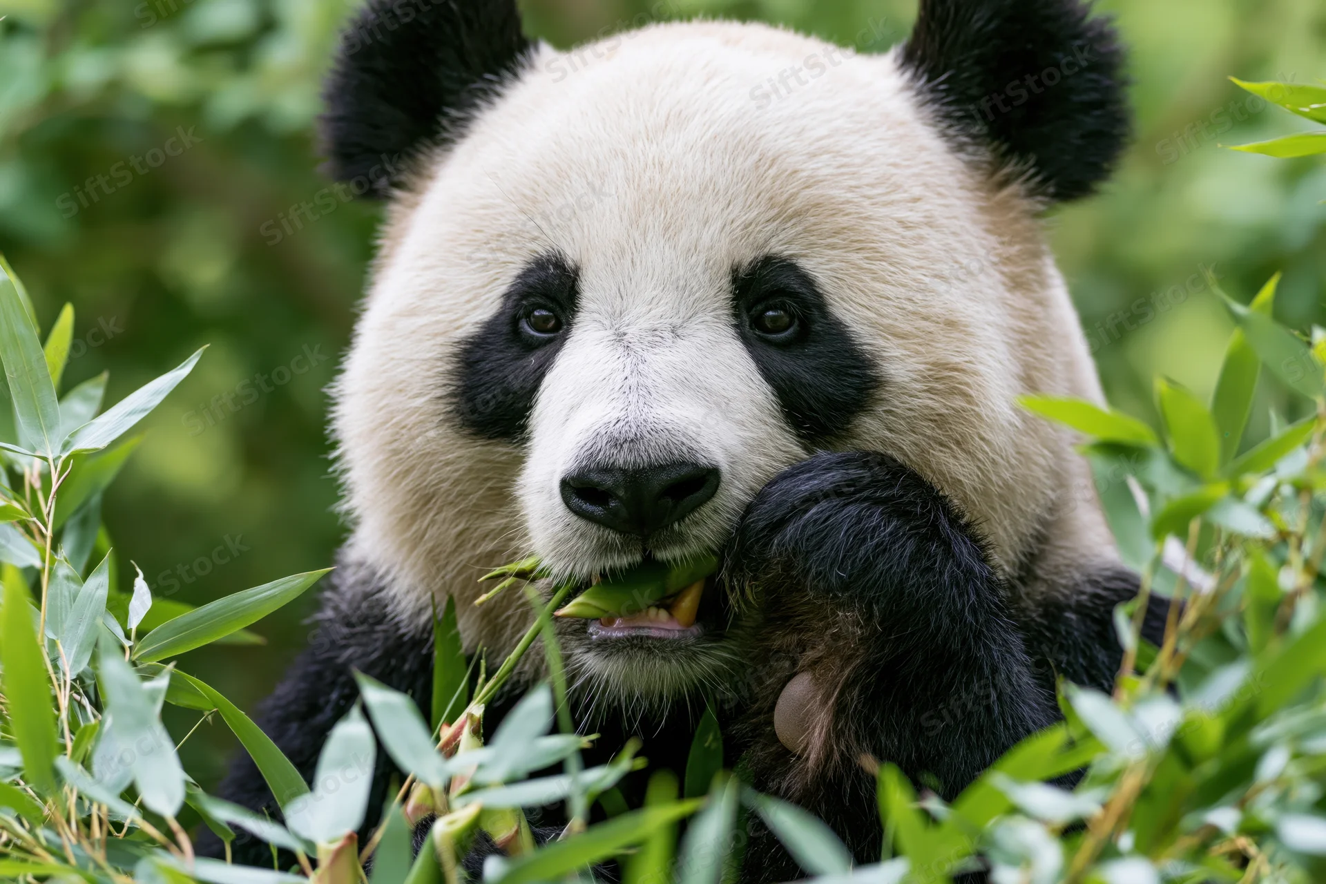 Panda chewing bamboo shoots with one paw raised among green foliage