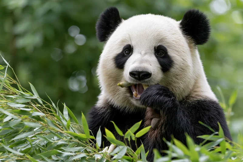 Giant panda chewing bamboo shoots with one paw raised among green foliage