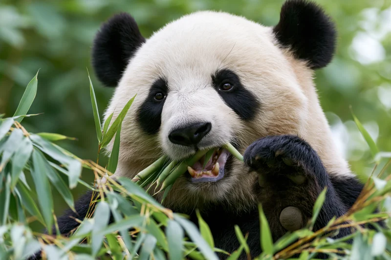 Giant panda chewing bamboo shoots with one paw raised among green foliage