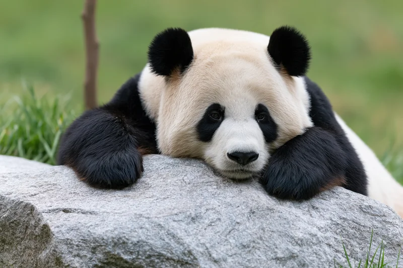 Giant panda resting its chin and paws on a rock in a grassy enclosure