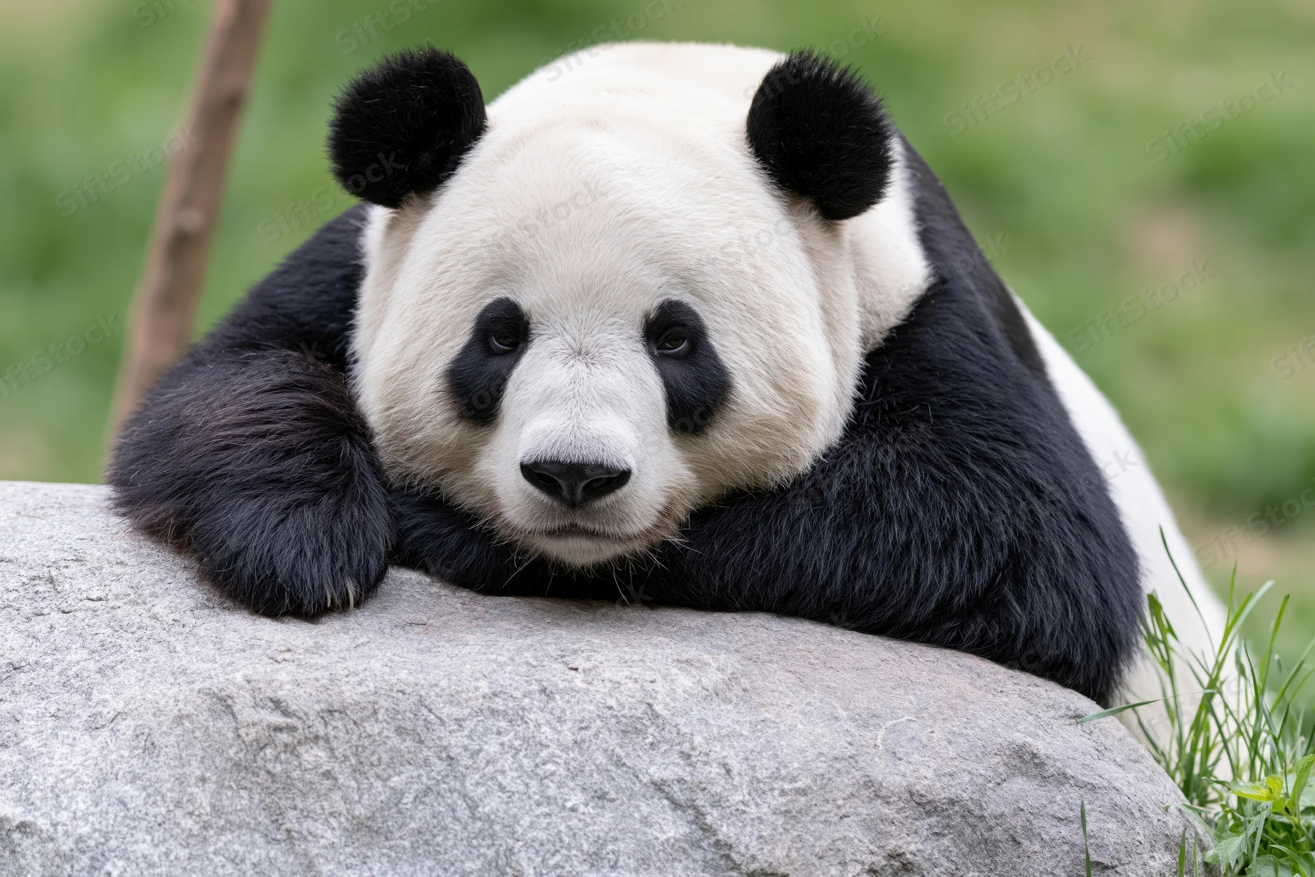Giant panda resting its chin and front paws on a rock in a grassy outdoor enclosure