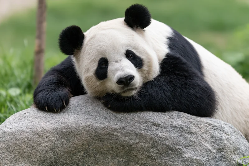 Giant panda resting its chin and front paws on a rock in a grassy outdoor enclosure