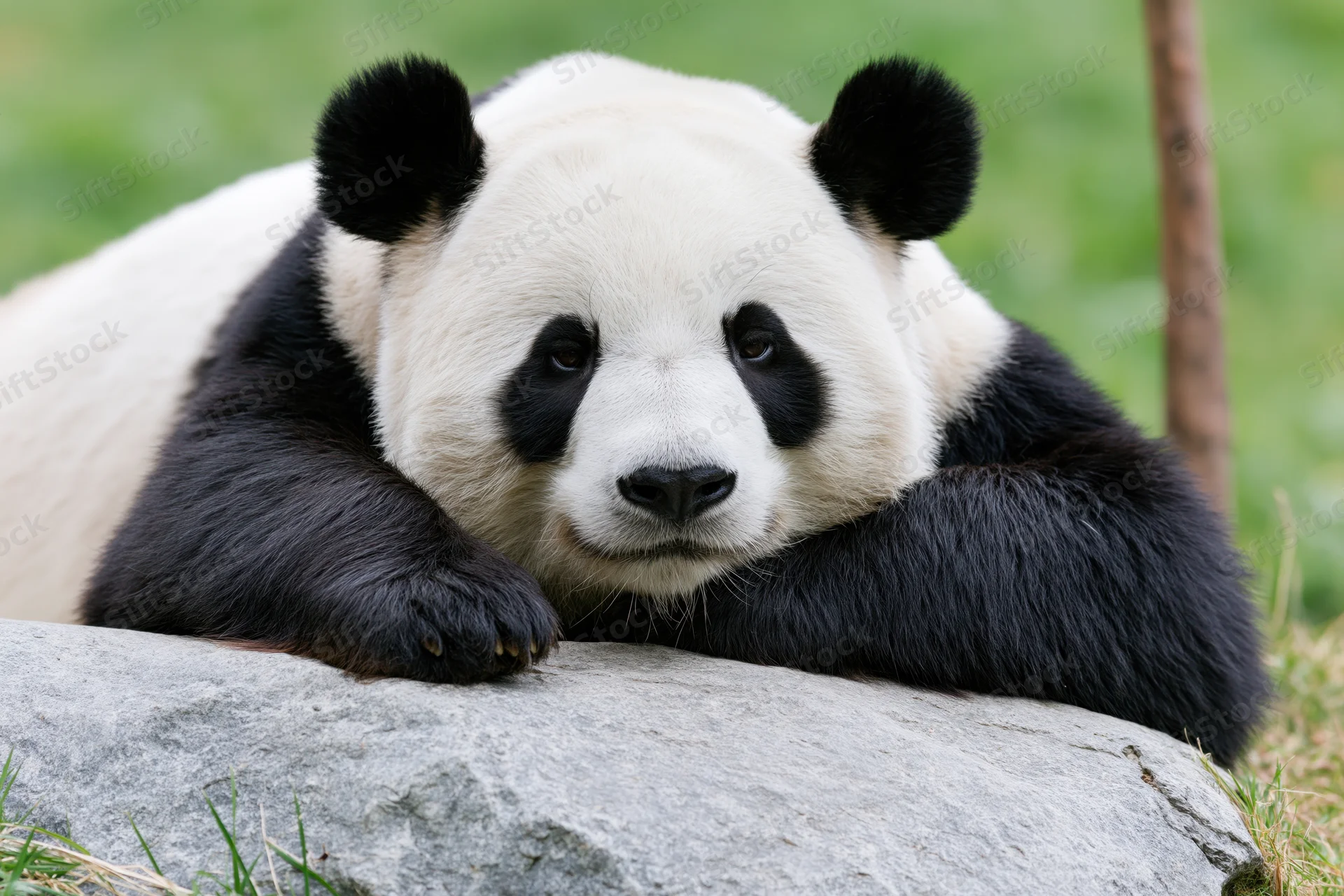 Giant panda resting its chin and paws on a rock in a grassy outdoor setting