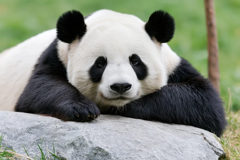 Giant panda resting its chin and paws on a rock in a grassy outdoor setting