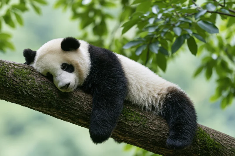 Giant panda resting on a mossy tree branch in a lush green forest