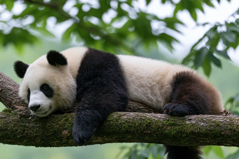 Giant panda resting on a mossy tree branch in a forest setting