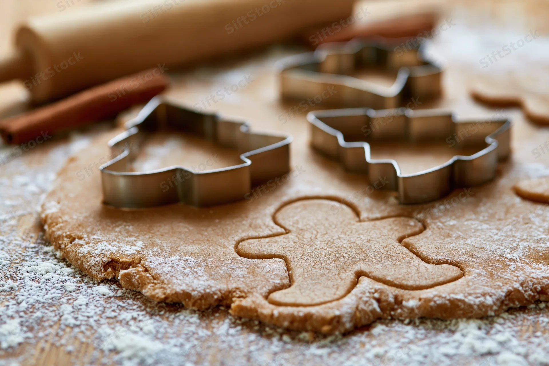 Gingerbread dough shaped with cookie cutters on a floured wooden surface