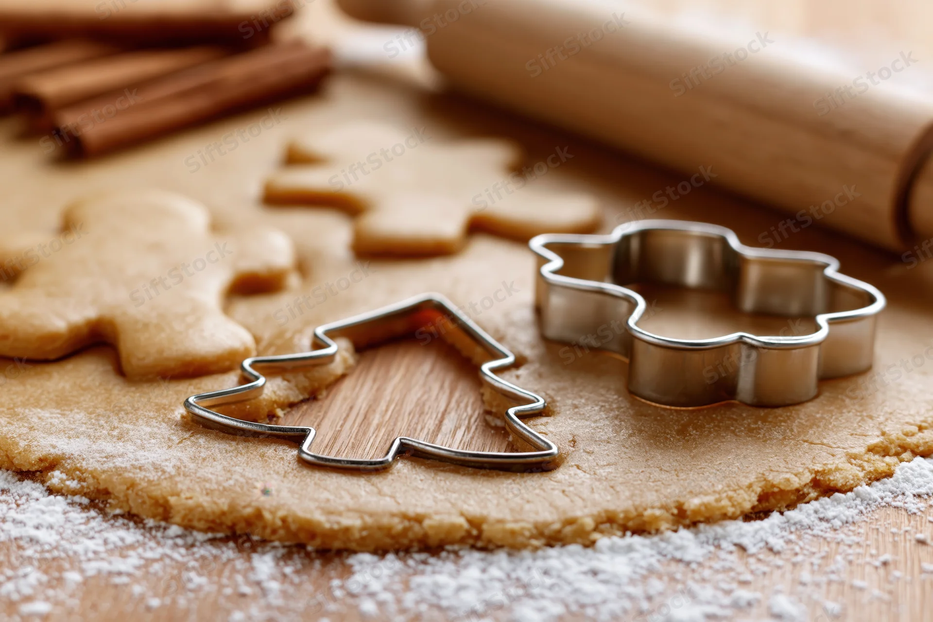 Gingerbread dough being cut with tree and snowflake shaped metal cutters on a floured wooden surface