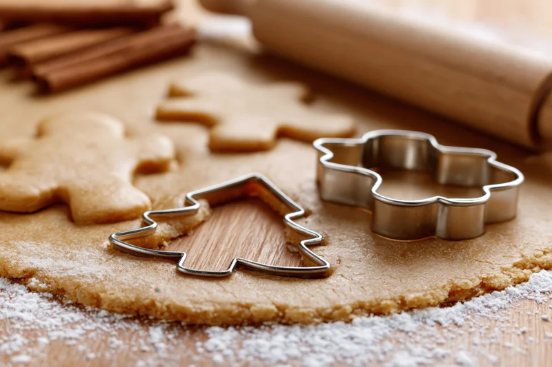 Gingerbread dough being cut with tree and snowflake shaped metal cutters on a floured wooden surface