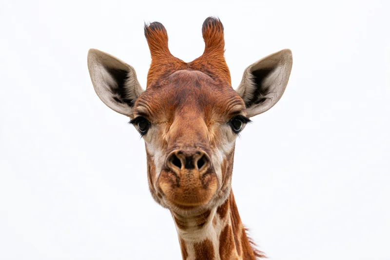 Giraffe head and neck facing camera directly isolated on white background