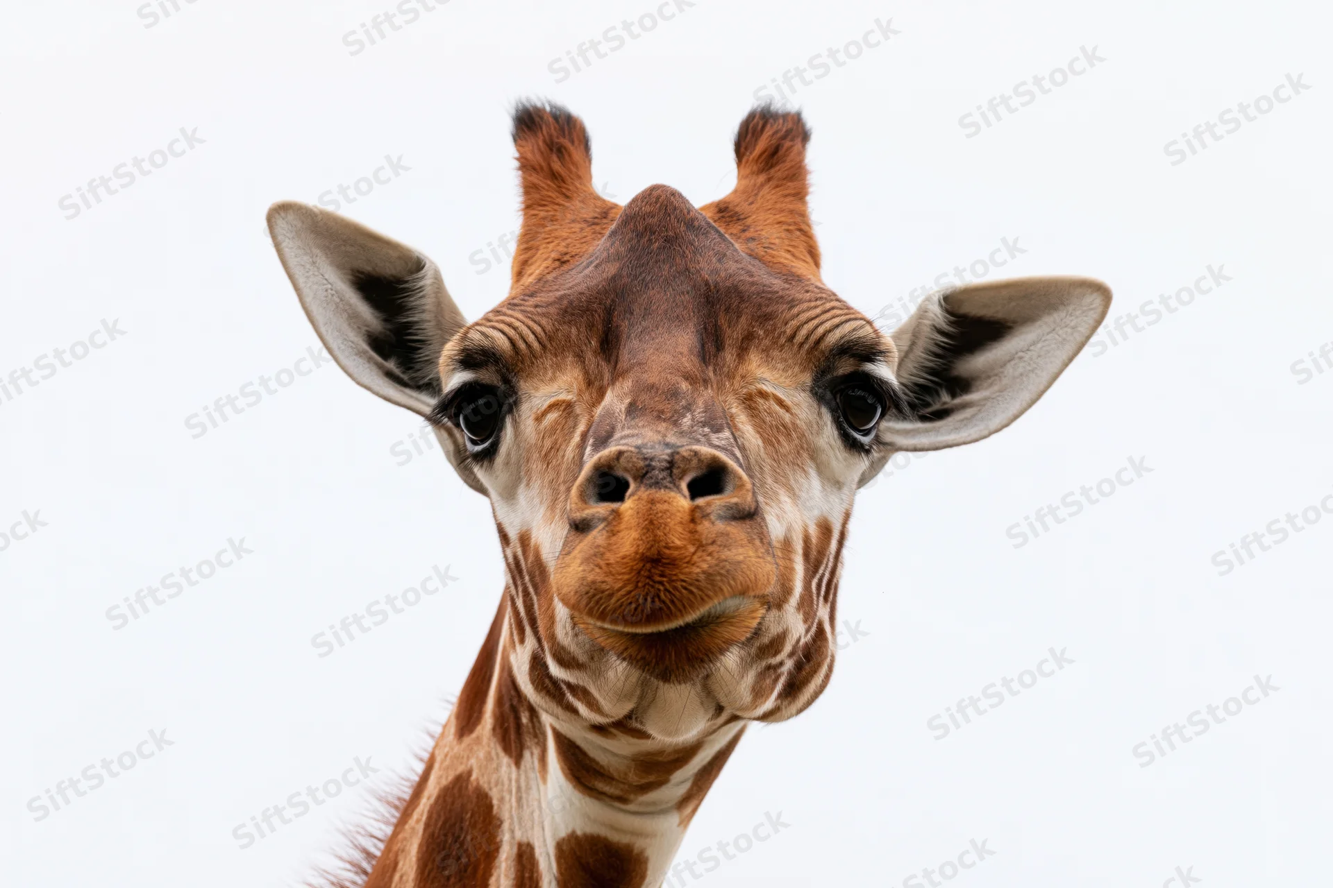 Giraffe head and neck facing camera directly isolated on white background