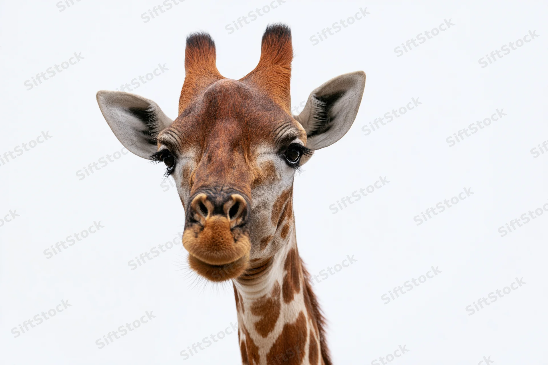 Giraffe head and neck facing camera directly isolated on white background