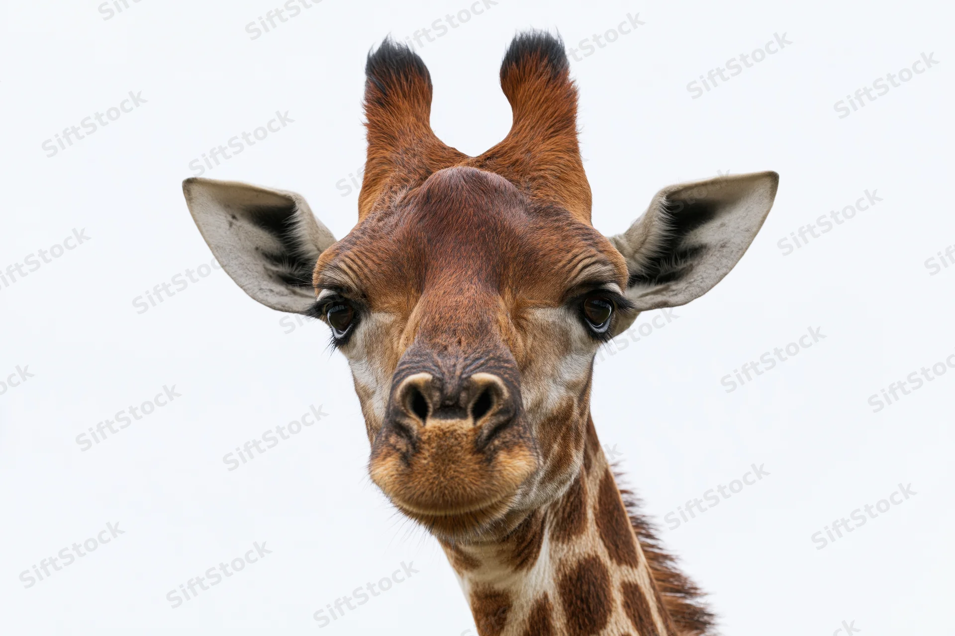 Giraffe head and neck facing camera directly isolated on white background