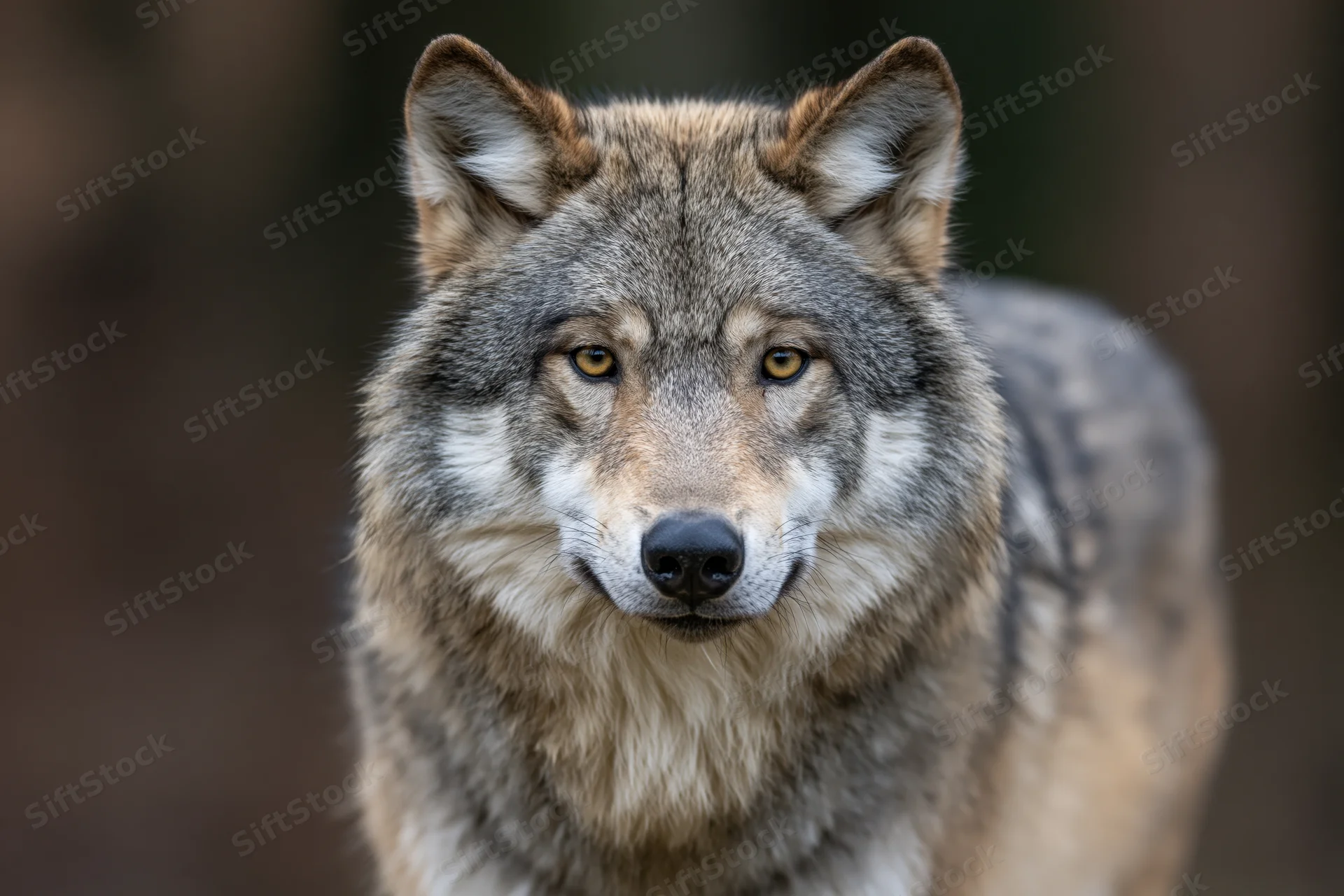 Gray wolf standing alert and gazing directly into the camera in a forest setting