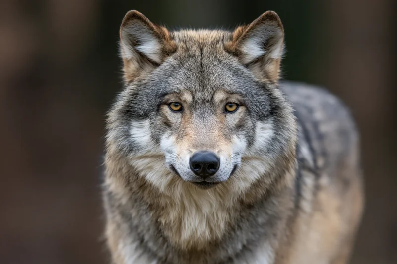 Gray wolf standing alert and gazing directly into the camera in a forest setting