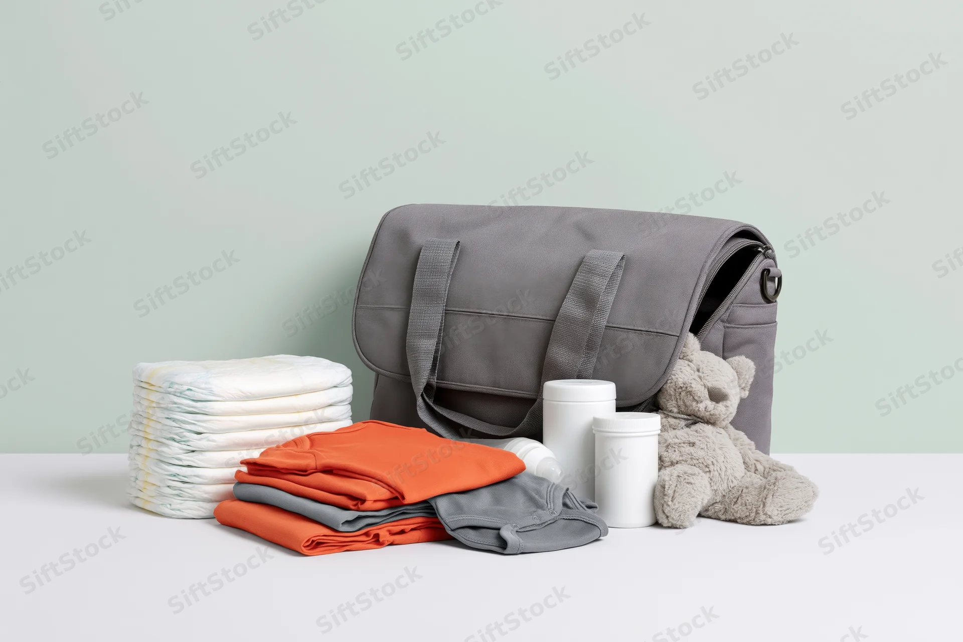 Grey diaper bag open with baby essentials arranged on white surface against mint background