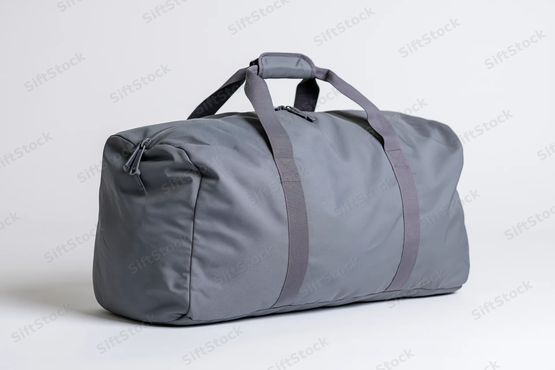 Gray nylon duffel bag standing upright on white background