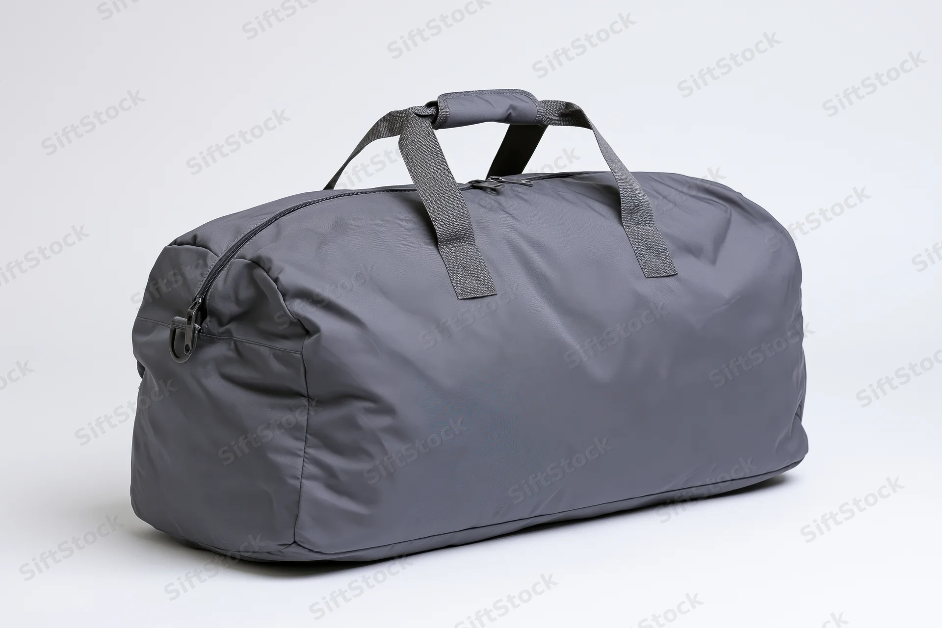 Gray nylon duffel bag standing upright on white background