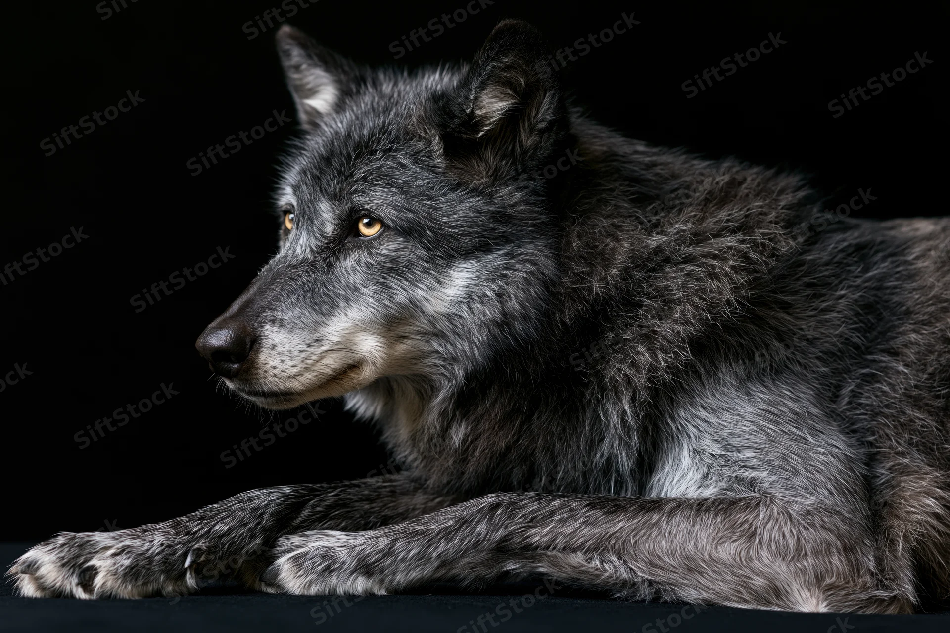 Grey wolf lying in profile with calm alert expression against dark background