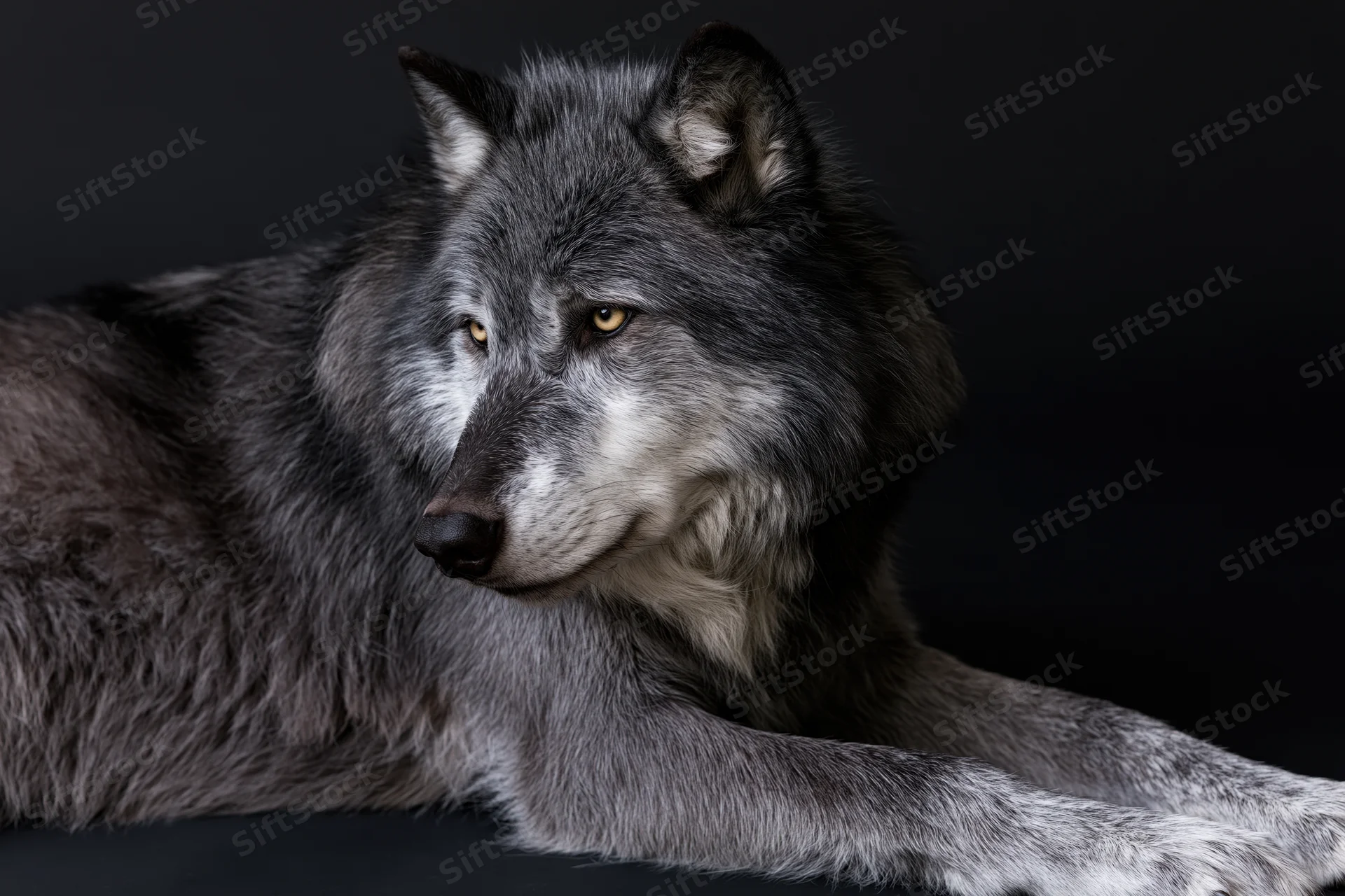Grey wolf lying at rest with head turned slightly left in studio portrait against black background
