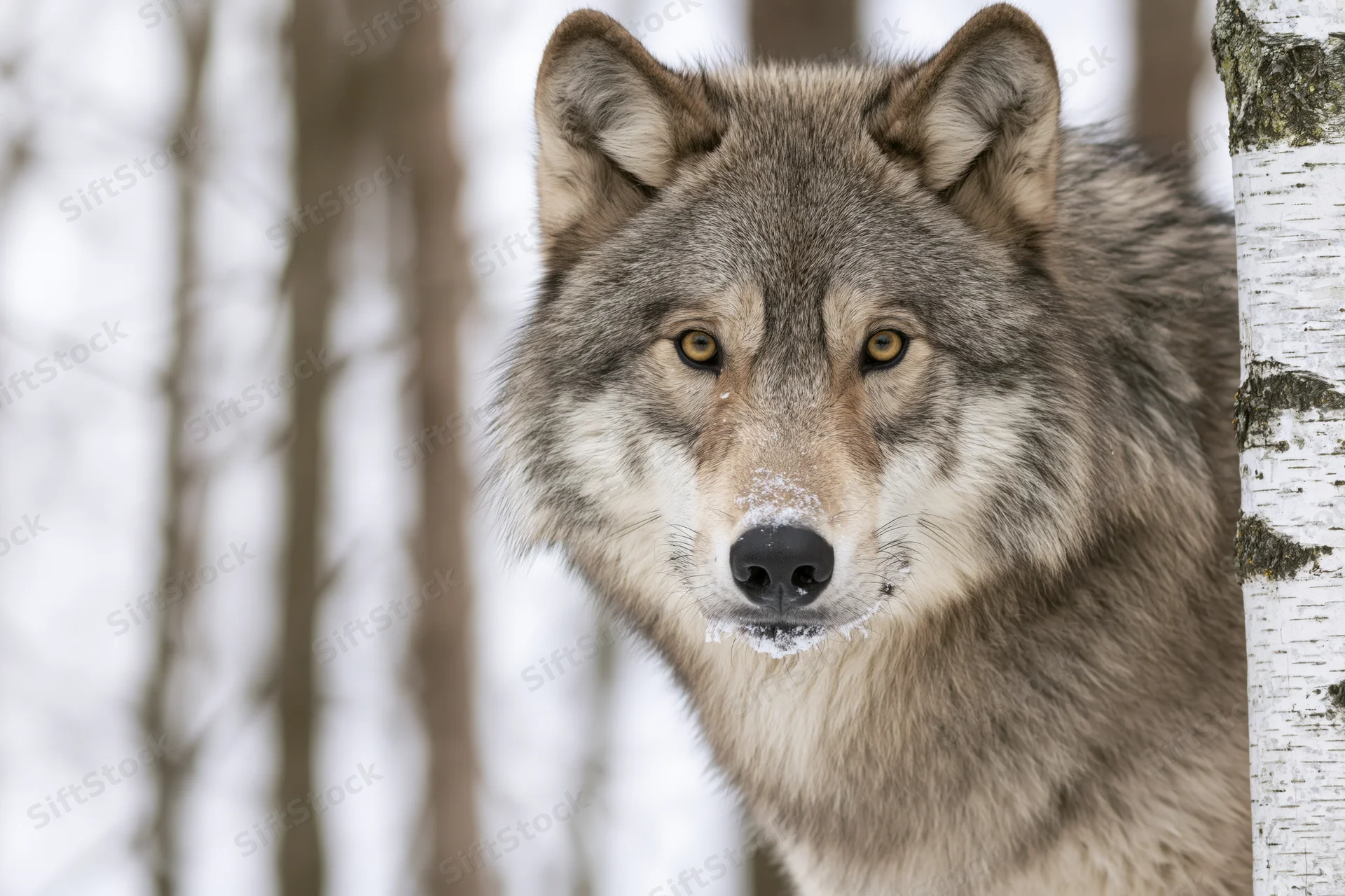 Gray wolf staring directly at camera beside a birch tree in snowy forest