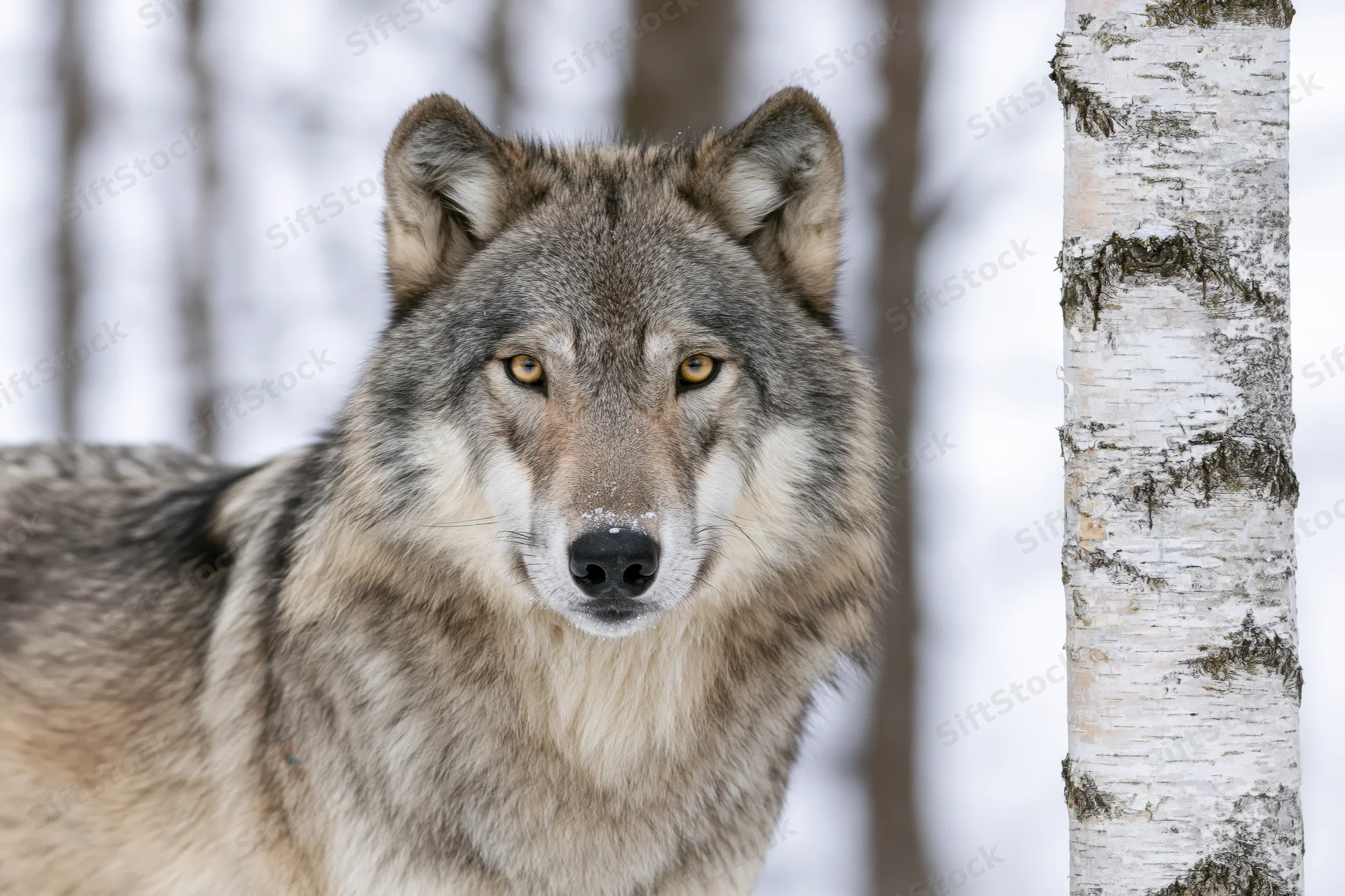 Grey wolf staring directly at camera beside a birch tree in snowy forest