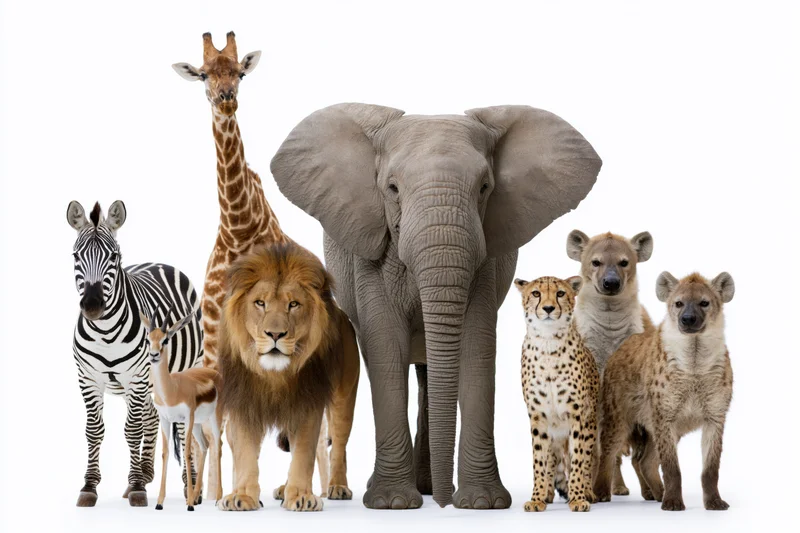 Group of african wildlife animals standing together facing front on white background