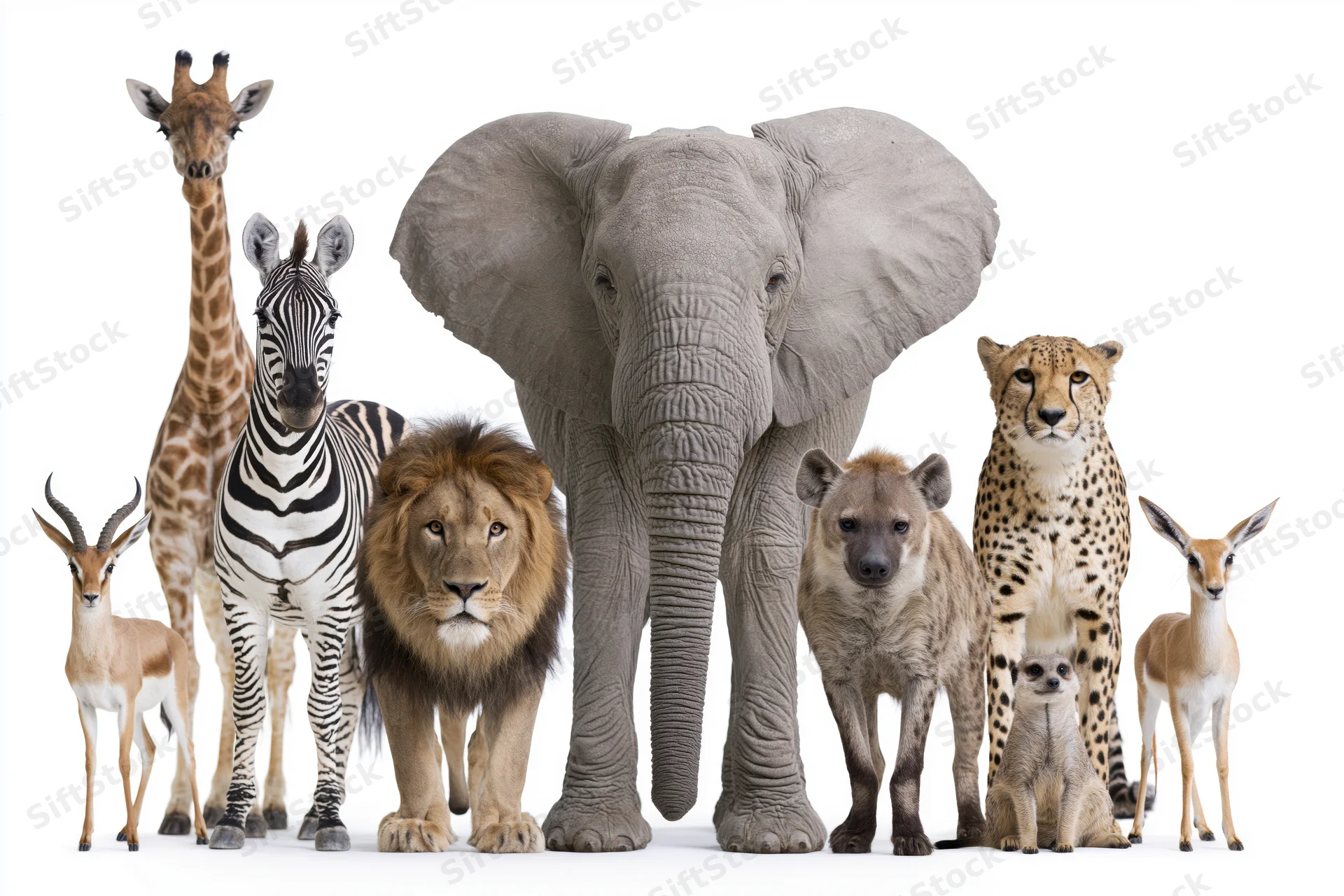 Group of african wildlife animals standing together facing forward on white background