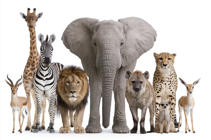 Group of african wildlife animals standing together facing forward on white background